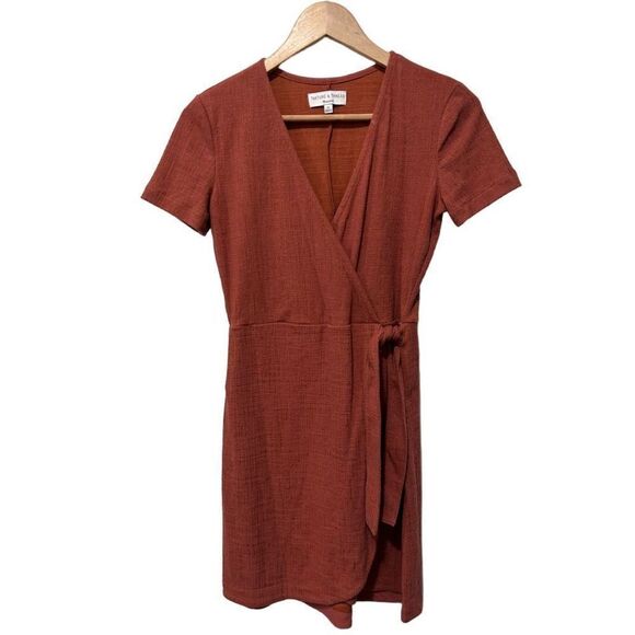 Madewell Texture & Thread Short Sleeve V-Neck Side Tie Wrap Dress Brown Size XS - Picture 1 of 12